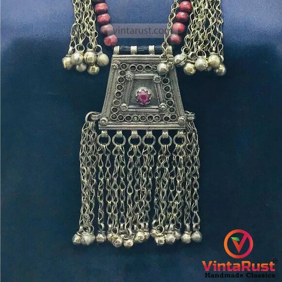 Handmade Pendant Necklace with Red Beads and Chain Tassels - Picture 2 of 10